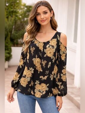 Sienna Sky Black and Tan Floral Cold Shoulder Blouse Medium